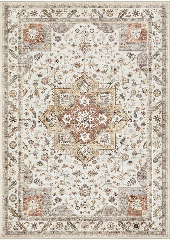 Vintage Living Room Area Rug 6x9 - Large Soft Washable Oriental Traditional Distressed Farmhouse Rugs for Bedroom - Indoor Floor Accent Carpet for Home Office House Decor - Golden Taupe