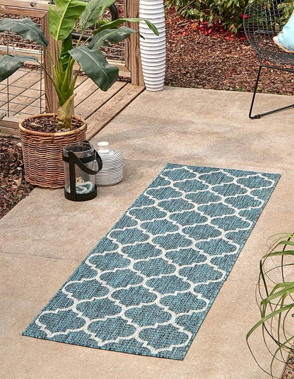 Unique Loom Outdoor Trellis Collection Area Rug (2' 7" x 12' Runner, Teal/ Gray)