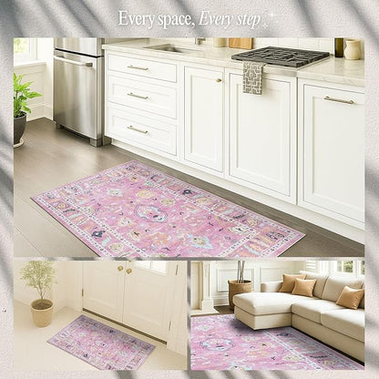 Fame Rugs Pink Modern Oushak Rug 3x5, Washable Vintage Turkish Colorful Oriental Antique Inspired Foldable Small Area Rugs, Luxury Living Room Bedroom (995PP, 2'6" x 5')