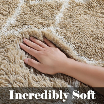 ONASAR Living Room Area Rug 6x9, Large Beige and White Geometric Floor Rugs for Bedroom Home Decor Aesthetic, Soft Fuzzy Shaggy Plush Fluffy Moroccan Carpet for Teen Nursery Dorm Classroom Office