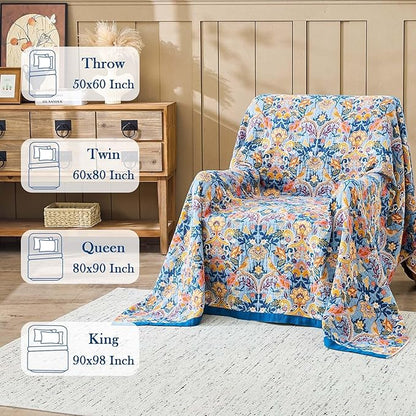 Blue Orange Fall Blanket 60"x 80" Boho Throw Blankets for Couch Bed Chair, 100% Cotton Quilts Warm Soft Blanket Muslin Bed Blankets Home Decor Farmhouse Warm Throws Gifts for Women Mom