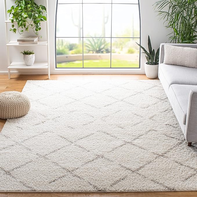SAFAVIEH Arizona Shag Collection Area Rug - 11' Square, Ivory & Beige, Moroccan Boho Design, Non-Shedding & Easy to Clean, Ideal for Living Room, Bedroom, Dining Space (ASG743A)