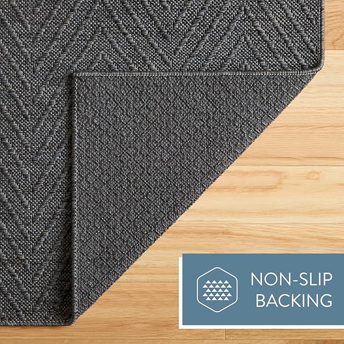TOWN & COUNTRY BASICS Pax Herringbone Textured Solid Everwash® Washable Area Rug, Low Pile, Non-Slip Backing, Easy Clean Pet & Family Friendly Rug, Dark Grey, 5'11"x9'
