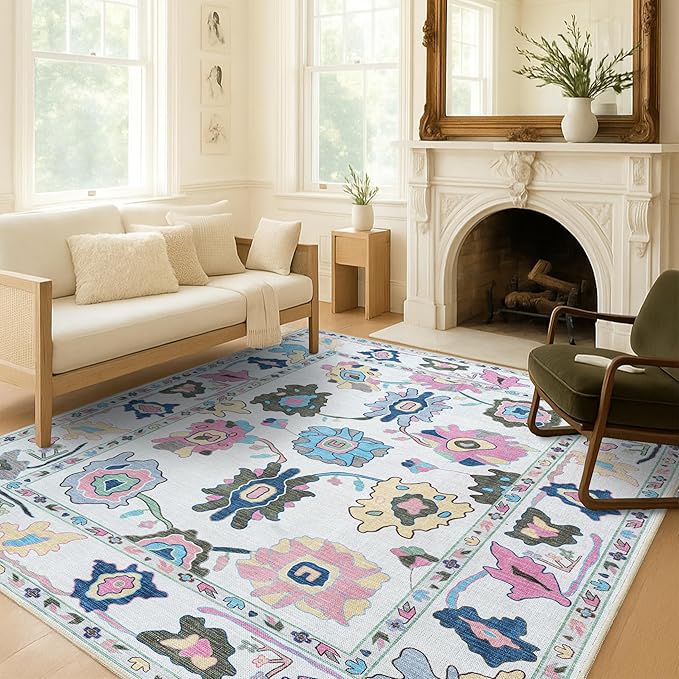 Fame Living Colorful Oushak Rug, Modern Small Rugs, Vintage, Turkish, Eclectic, Floral, Pastel, Washable, Door Mat, Doormat for Indoor Entrance, Entryway, Kitchen, Bathroom, Bedroom, Laundry, 2'x3'