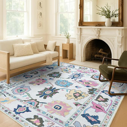Fame Living Colorful Oushak Runner Rug, Modern Runners, Vintage, Turkish, Eclectic, Floral, Pastel, Washable, Runner for Hallway, Kitchen, Bedroom, Bathroom, 2'5"x9'8"