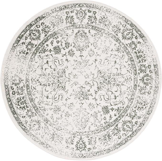 SAFAVIEH Adirondack Collection Area Rug - 6' Round, Ivory & Dark Green, Distressed Vintage Floral Design, Non-Shedding & Easy to Clean, Ideal for Living Room, Bedroom, Dining Space (ADR109X)