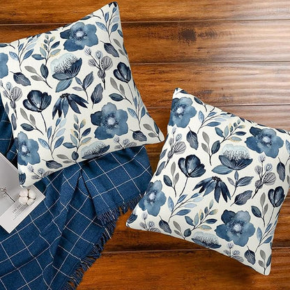 Throw Pillow Covers Blue Floral Pillow Covers 16x16 Inch Set of 2 Throw Pillows Decorative Pillow Cases Cushion Covers for Bedroom Livingroom Sofa Farm House