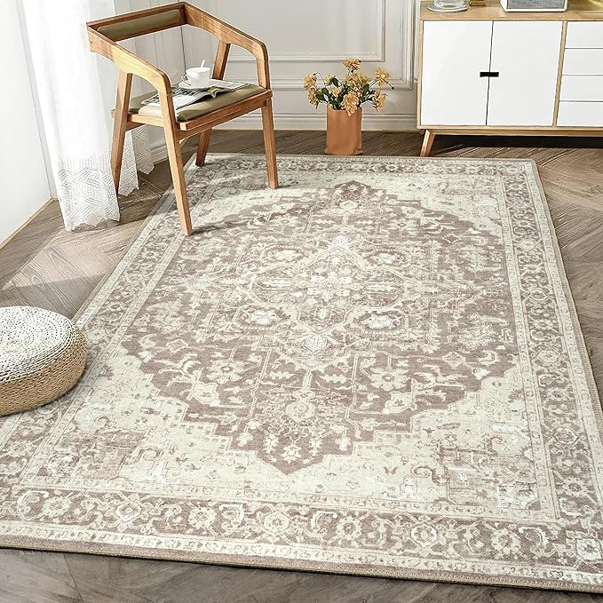Bloom Rugs Washable Non-Slip 5' x 7' Rug - Light Brown Traditional Medallion Area Rug for Living Room, Bedroom, Dining Room, and Kitchen - Exact Size: 5' x 7'