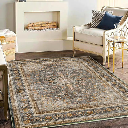 Area Rug 5'x7' Washable Rug Traditional Floor Cover Thin Retro Kitchen Indoor Distressed Non Slip Carpet for Living Room Bedroom Dining Room