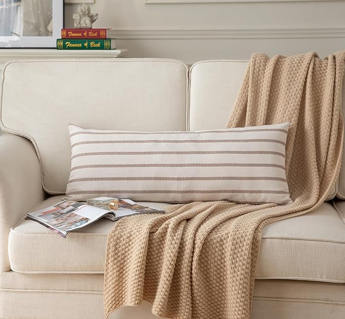 Caflife Boho Lumbar Throw Pillow Cover 14X36 Long Soft Farmhouse Decorative Couch Pillow Cases Beige Striped Body Pillow Covers Neutral Cushion Covers for Sofa Bed Living Room Home Decor Pack of 1