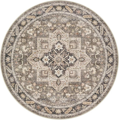 8ft Round Vintage Living Room Area Rug - 8x8 Large Soft Washable Oriental Traditional Distressed Farmhouse Rugs for Bedroom - Indoor Floor Accent Carpet for Home Office House Decor - Brown