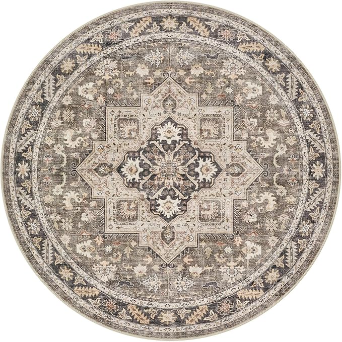 5ft Round Vintage Living Room Area Rug - 5x5 Large Soft Washable Oriental Traditional Distressed Farmhouse Rugs for Bedroom - Indoor Floor Accent Carpet for Home Office House Decor - Brown