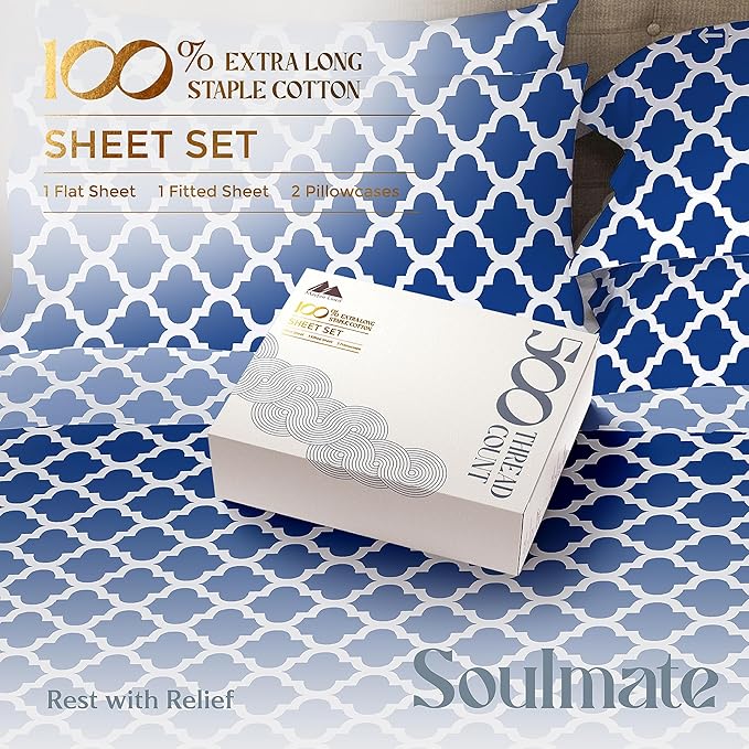 Mayfair Linen 100% Cotton Printed Bed Sheets Full Size Set - 500 Thread Count Cotton Sheets for Full Size Bed, 4 PC Set (Quatrefoil - Navy), Soft, Cooling, Sateen Weave 16" Deep Pocket Bedsheet
