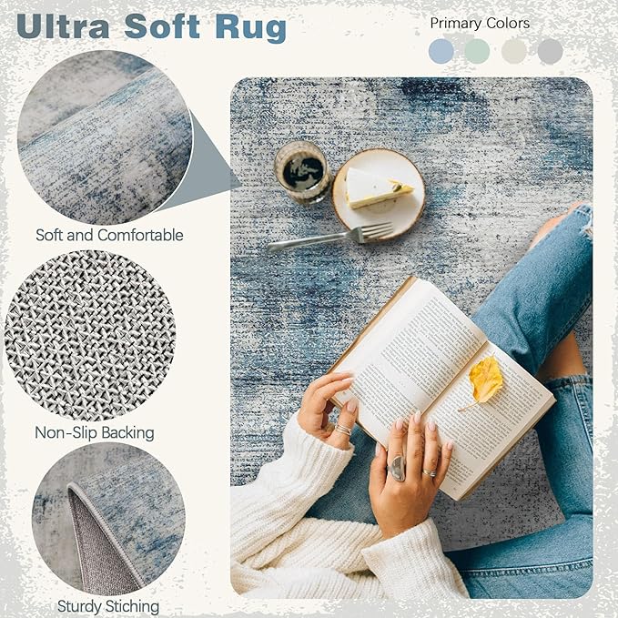 5x7 Area Rugs for Living Room: Washable Rug Modern Abstract Neutral Soft Rugs Non-Slip Low-Pile Indoor Floor Carpet for Bedroom Dining Room Nursery (Blue, 5'x7')