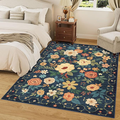 DUKINO 9x12 Area Rug, Floral Rugs for Living Room, Lightweight Non Slip Washable Rug, Indoor Low Pile & Non-Shedding Boho Design Rugs for Bedroom, Living Room, Dining Room, Dark Blue