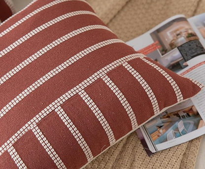 Caflife Boho Throw Pillow Covers 20x20 Set of 2 Soft Farmhouse Decorative Couch Pillow Cases Rust Striped Pillow Covers Neutral Cushion Covers for Sofa Bed Living Room Home Decor