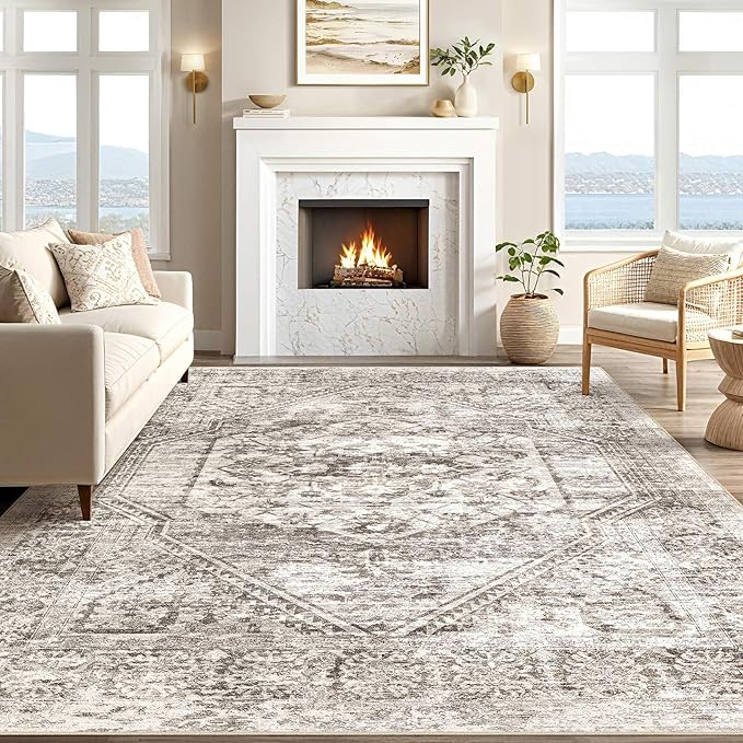 Vintage Living Room Area Rug 8x10 - Large Soft Washable Oriental Traditional Distressed Farmhouse Rugs for Bedroom - Indoor Floor Accent Carpet for Home Office House Decor - Distressed Brown