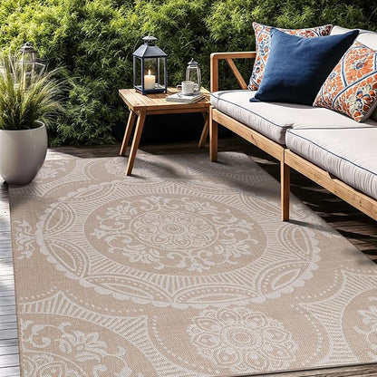 Medallion Outdoor Rug 10x14 Washable Outside Carpet for Indoor Patio Porch Waterproof Easy Cleaning Non Shedding Area Rugs Beige 10 x 14