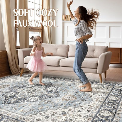 7x9 Area Rug Living Room: Washable Boho Large Neutral Vintage Soft Rugs Stain Resistant Farmhouse Non-Slip Indoor Floor Carpet for Bedroom Nursery Kids Playroom Office Dining Room- Blue Tan
