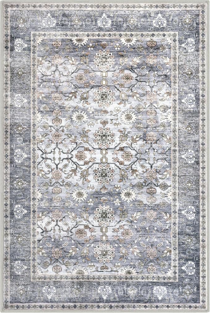KUTA Vintage 2x3 Entryway Rug, Washable Kitchen Rugs & Ultra Thin Soft Throw Rug, Non-Slip Floral Distressed Print Grey Blue, Perfect for Front Door, Bedside, or Small Spaces