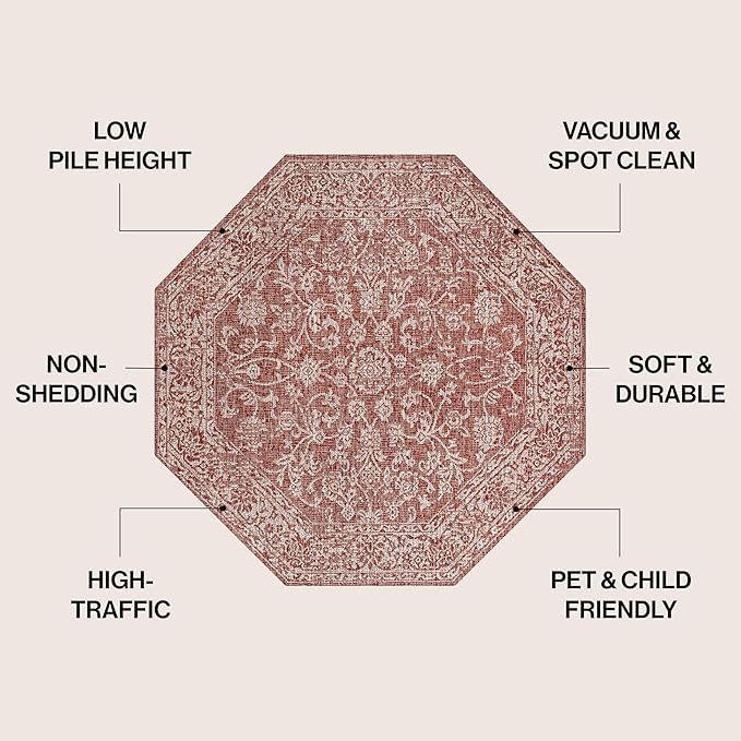 JONATHAN Y Weave Floral Indoor Outdoor Octagon Area Rug 5 Ft Red/Taupe, Tela Bohemian Textured for Backyard, Patio, Porch, Easy-Cleaning, High Traffic, Pet-Friendly, Non-Shedding (SMB100A-5TGN)