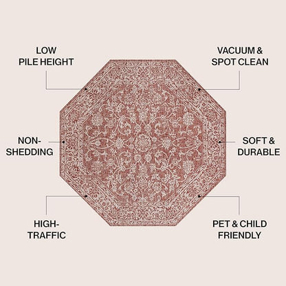 JONATHAN Y Weave Floral Indoor Outdoor Octagon Area Rug 5 Ft Red/Taupe, Tela Bohemian Textured for Backyard, Patio, Porch, Easy-Cleaning, High Traffic, Pet-Friendly, Non-Shedding (SMB100A-5TGN)