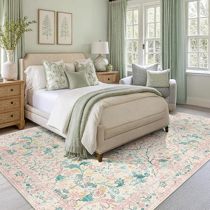 MUJOO Pink 5x7 Area Rugs,Floral Washable Rug for Living Room Bedroom Office Dining Room,Large Throw Carpet,Boho Non Slip Indoor Floor Big Soft Botanical Vintage Ultra-Thin