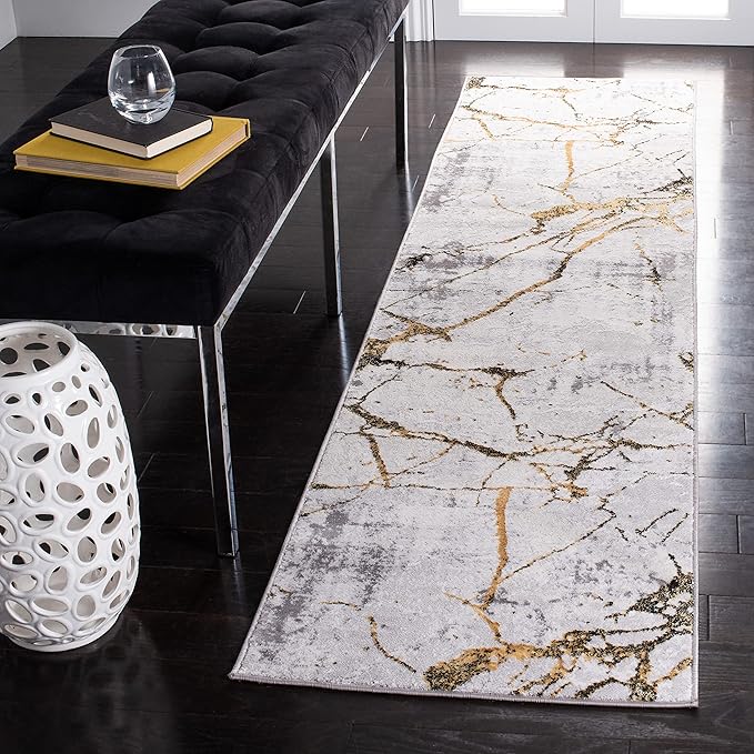 SAFAVIEH Amelia Collection Runner Rug - 2' x 10', Grey & Gold, Modern Abstract Design, Non-Shedding & Easy Care, Ideal for High Traffic Areas in Living Room, Bedroom (ALA293G)