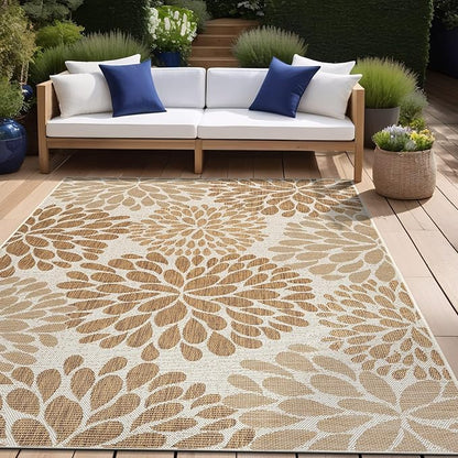 Beverly Rug Outdoor Rug 5x7 Modern Exotic Tropical Leaf Area Rugs for Indoor and Outdoor Patio Deck Porch Garden Water Resistant Washable Outside Carpet (5 x 7 Beige)