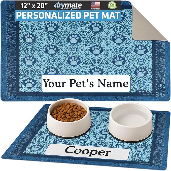 Drymate Personalized Pet Bowl Placemat, Custom Dog & Cat Food Feeding Mat - Absorbent Fabric, Waterproof Backing - Machine Washable/Durable (USA Made) (12" x 20") (Blue Paw Braid)