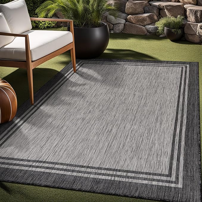 Bordered Outdoor Rug 6x9 Washable Outside Carpet for Indoor Patio Porch Waterproof Easy Cleaning Non Shedding Area Rugs Dark Gray 6 x 9
