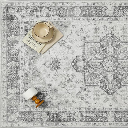 Gray 6x9 Area Rug Washable Vintage Living Room Carpet Non Slip Retro Distressed Low Pile Soft Oriental Medallion Thin Large Grey Throw Rug for Office Bedroom Dining Room Playroom