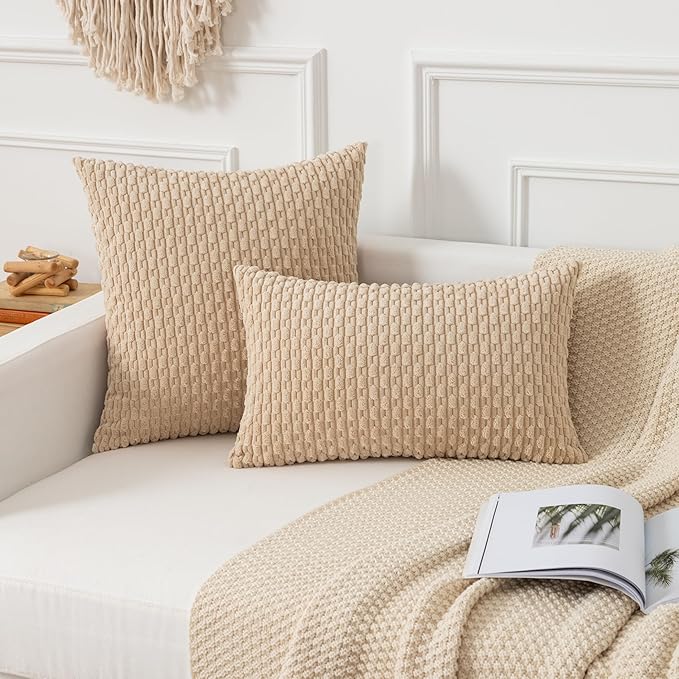 Kevin Textile 12x20 Inch Pillow Cover 1 Pack Boho Decorative Soft Striped Corduroy Lumbar Farmhouse Solid Color Accent Rectangle Cushion Case for Living Room Couch Sofa Bed, Beige