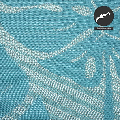 FH Home Outdoor Rug - Waterproof, Fade Resistant, Reversible - Premium Recycled Plastic - Tropical, Botanical - Patio, Deck, Porch, Balcony - Hana Leaves - Blue Crease Free - 5 x 8 ft
