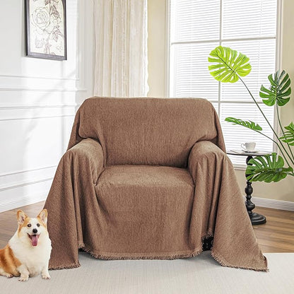 MYSKY HOME Oversized Armchair Couch Cover for 1 Cushion Couch, Washable Sofa Protector, Chair Couch Covers with Tassel Sofa Covers Sofa Throws Sofa Slipcovers Futon Cover for Pet, Kid, 71"X91", Camel