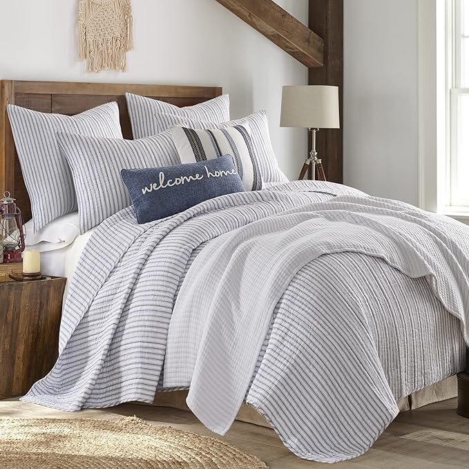 Levtex Home Tobago Stripe Blue Reversible Full/Queen Quilt Set (88x92in) and 2 Pillow Shams (26x20in) - Striped - Blue, White - Cotton Full/Queen Size Quilt Bedding Set - Lightweight, Soft, Pre-Washed