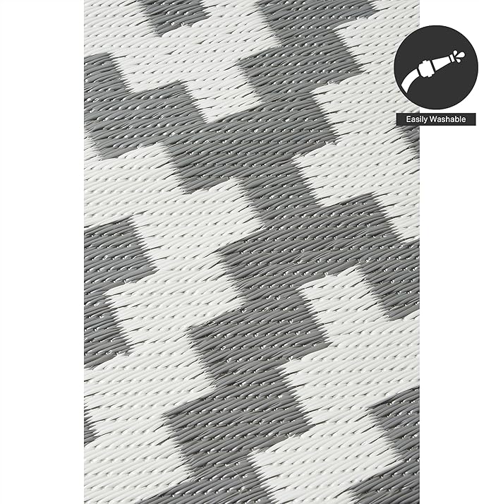 FH Home Outdoor Rug - Waterproof, Fade Resistant, Reversible - Premium Recycled Plastic - Geometric - Large Patio, Deck, Sunroom, Camping, RV - Aztec - Gray & White Crease Free - 6 x 9 ft