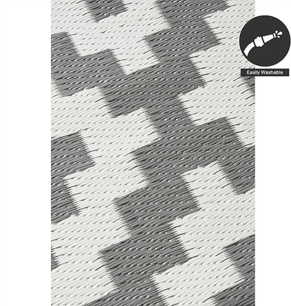 FH Home Outdoor Rug - Waterproof, Fade Resistant, Reversible - Premium Recycled Plastic - Geometric - Large Patio, Deck, Sunroom, Camping, RV - Aztec - Gray & White Crease Free - 6 x 9 ft