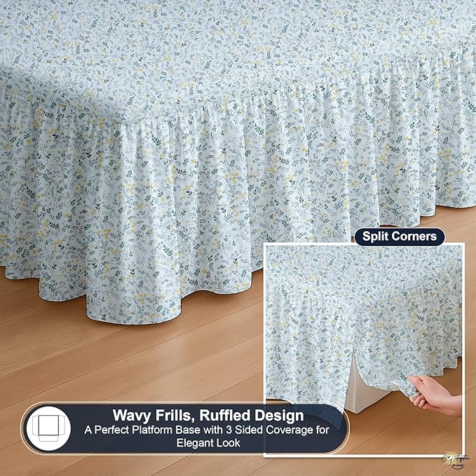 Cottington Lane Ruffled Bed Skirt Full Size with Split Corner, Brushed Microfiber Hotel Quality Dust Ruffle, 14 Inch Drop Gathered Bedskirt, Soft, Stylish, Shrink & Fade Resistant, Garden Bloom