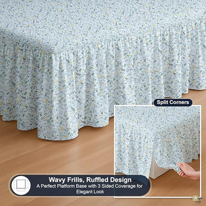 Cottington Lane Ruffled Bed Skirt Queen Size with Split Corner, Brushed Microfiber Hotel Quality Dust Ruffle, 21 Inch Drop Gathered Bedskirt, Soft, Stylish, Shrink & Fade Resistant, Garden Bloom