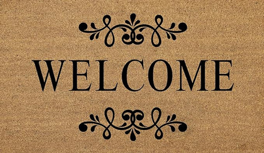 Coir Door Mats 17" X 30", Non-Slip Sturdy, PVC Backed Heavy Duty, Easy to Clean, Ideal for Door Entrance, Patio, Porch, Backyard, Garages, Welcome Floral Border