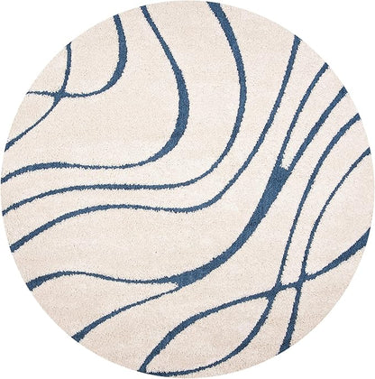 SAFAVIEH Florida Shag Collection 4' Round Cream/Blue SG471 Abstract Wave Non-Shedding Living Room Bedroom Dining Room Entryway Plush 1.2-inch Thick Area Rug