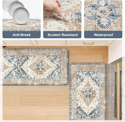 KIMDOE Anti Fatigue Kitchen Mat Kitchen Rugs Non-Skid Waterproof Kitchen Runner Rug Foam Standing Mat for Kitchen Decor,Floors,Laundry,Blue and Gold