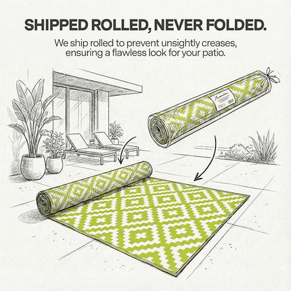 FH Home Outdoor Rug - Waterproof, Fade Resistant, Reversible - Premium Recycled Plastic - Geometric - Porch, Deck, Balcony, Mudroom, Laundry Room, Patio - Aztec - Green & White Crease Free - 3 x 5 ft