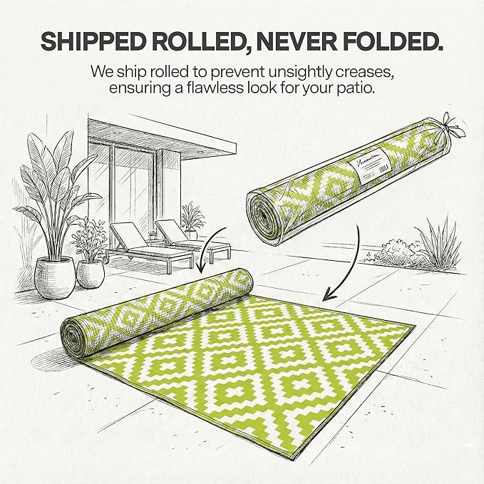 FH Home Outdoor Rug - Waterproof, Fade Resistant, Reversible - Premium Recycled Plastic - Geometric - Large Patio, Deck, Sunroom, Camping, RV - Aztec - Green & White Crease Free - 6 x 9 ft
