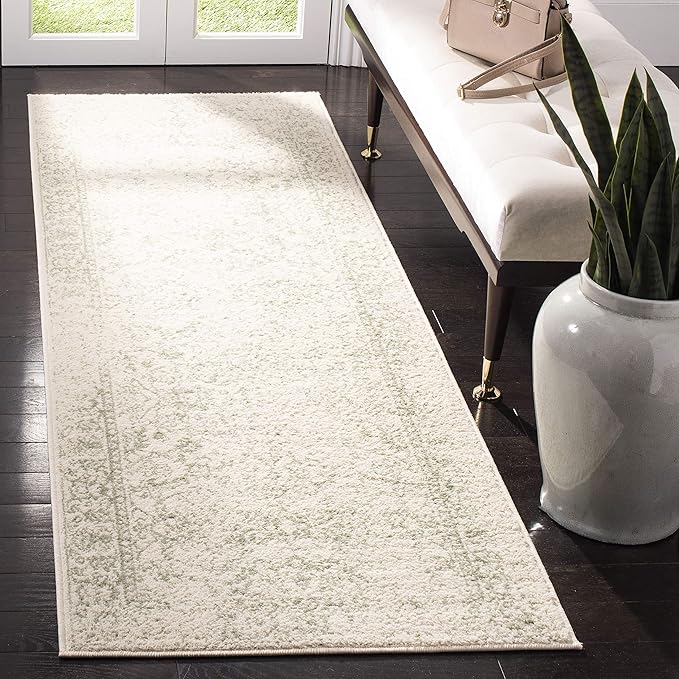 SAFAVIEH Adirondack Collection Runner Rug - 2'6" x 22', Ivory & Sage, Distressed Vintage Floral Design, Non-Shedding & Easy to Clean, Ideal for Hallway, Foyer, Entryway, Bedroom (ADR109V)