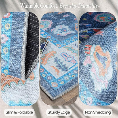 Fame Rugs Blue Modern Oushak Rug 2x3, Vintage Doormat Turkish Colorful Oriental Antique Inspired Washable Small Area Rug, Luxury Living Room Bedroom (387BNB, 2' x 3')