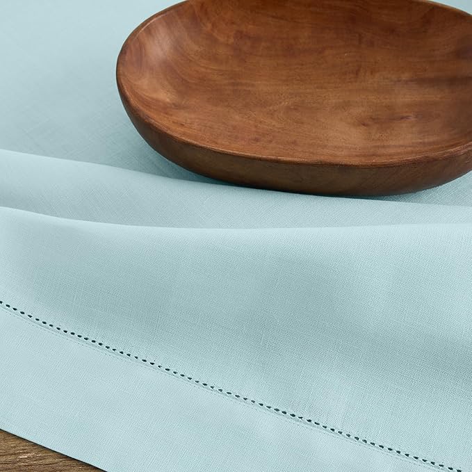 Solino Home Linen Aqua Blue Table Runner 144 Inches Long - 100% Pure Linen Extra Long Table Runner 14 x 144 Inch for Christmas, Holiday, New Year - Classic Hemstitch