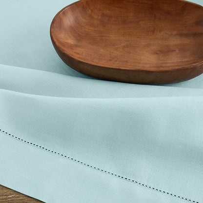 Solino Home Linen Aqua Blue Table Runner 72 Inches Long - 100% Pure Linen Hemstitch Table Runner 14 x 72 Inch for Dresser, Dining, New Year - Classic Hemstitch