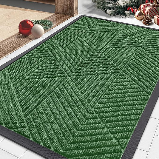 Smiry Front Door Mat Outside Entrance, Heavy Duty Sturdy Natural Rubber Doormat, Trap Dirt and Moisture, Easy Clean Low Profile Mats for Indoor Outdoor Entry, Irregular Triangle (29.5x17, Green)